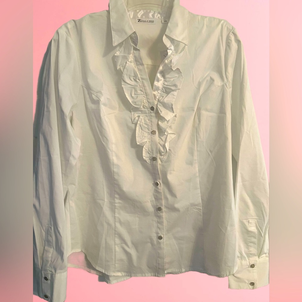 Ruffled button down shirt with bling buttons!